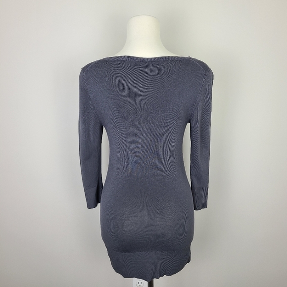 Smart Set Gray 3/4 Sleeve Deep Scoop Neck Fine Knit Long Sweater Medium - Picture 7 of 16